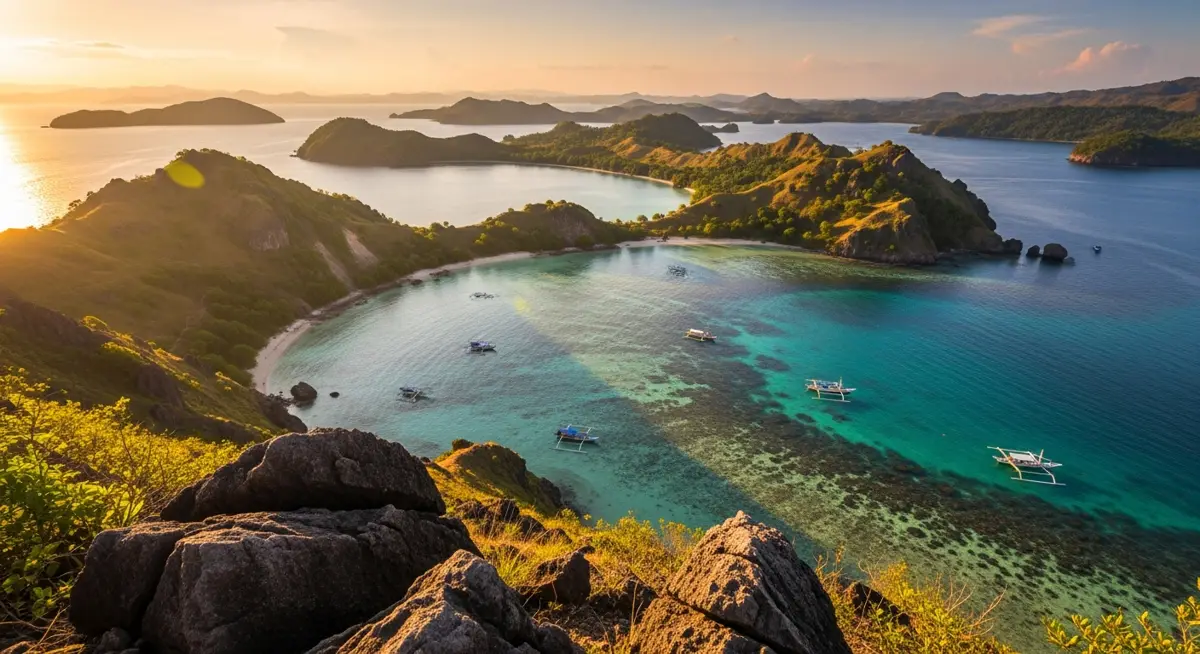 Likupangresort in North Sulawesi — a dramatic island viewpoint over turquoise bays at gold
